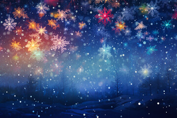 Fototapeta na wymiar Beautiful Christmas background with bright flowers, snowflakes and bokeh effect.