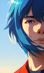 Naklejka premium a confident and charismatic anime boy with spiky blue hair. Anime male man, manga style, anime character style. Anime Avatar Young Man Online Identity Profile Virtual Gaming.