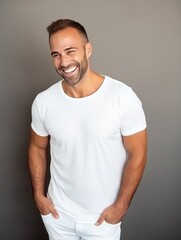 Obraz premium Happy european man in casual clothing against a neutral background