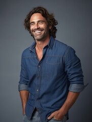 Obraz premium Happy european man in casual clothing against a neutral background