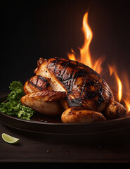 Gourmet big pieces grilled chicken generate mysterious light that illuminates a dark background with blur, 8k