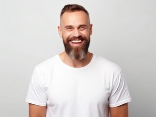 Fototapeta premium Happy european man in casual clothing against a neutral background