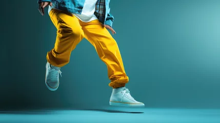 Fotobehang Dansschool Creative modern hip hop dance banner template for adults, cropped image of dancing person on flat background with copy space. 