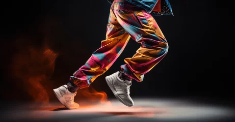 Photo sur Aluminium École de danse Creative modern hip hop dance banner template for adults, cropped image of dancing person on flat background with copy space. 