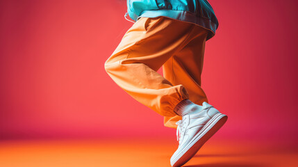 Creative modern hip hop dance banner template for adults, cropped image of dancing person on flat red background with copy space. 