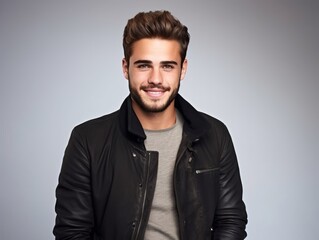 Obraz premium Happy european man in casual clothing against a neutral background