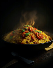 Gourmet chicken biryani with steamed basmati rice generated, 8k