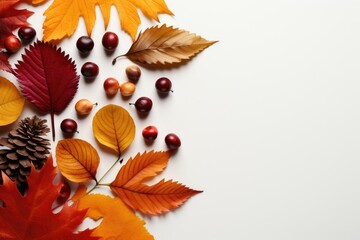 Naklejka na ściany i meble Cranberries, autumn leaves and pine cone on a white background, side view. Thanksgiving Day