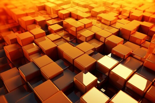 Arranged glossy cubes in orange and yellow colors, forming a modern tech wallpaper in this 3D render. Generative AI