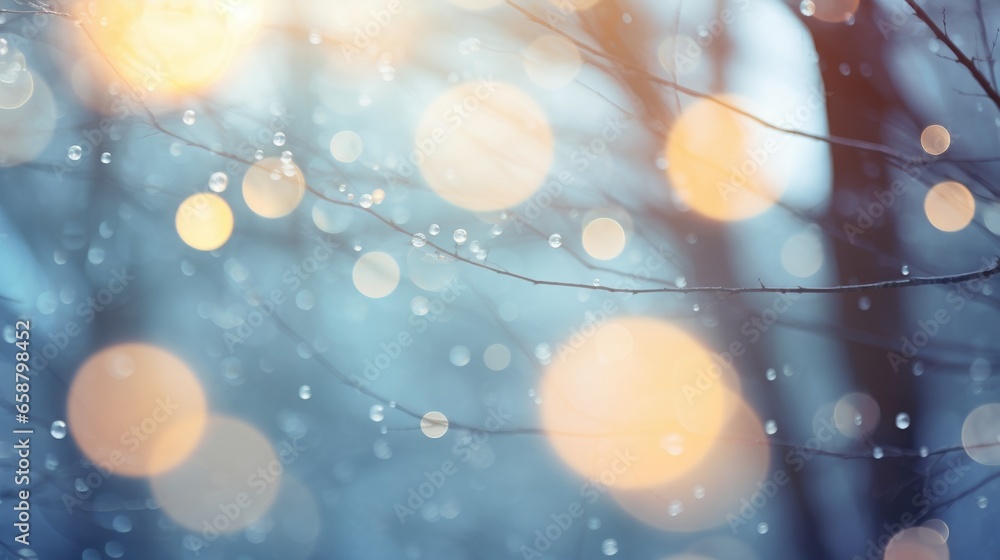 Poster snowy evening trees with bokeh lights