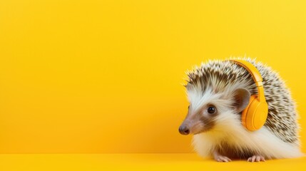 Hedgehog with headphones on yellow background with copy space