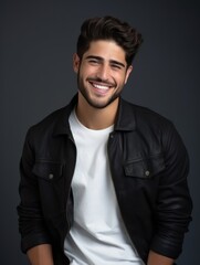 Obraz premium Happy european man in casual clothing against a neutral background