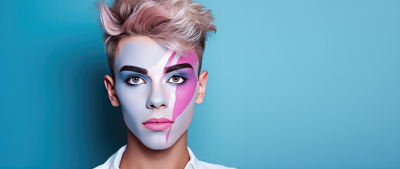 Portrait of a young man with creative makeup on flat blue background with copy space. Male makeup, transgender, LGBT, freedom and creativity.  - obrazy, fototapety, plakaty
