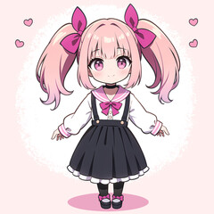 Cute anime girl with pink hair wearing a black skirt standing in front of a pink background