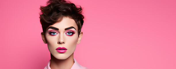 Portrait of a young man with creative makeup on flat pink background with copy space. Male makeup, transgender, LGBT, freedom and creativity. 
