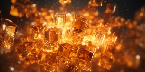 Cubic abstract composition in golden shades, bright glass cubes on a golden background, abstract background, glowing wallpaper for the website.