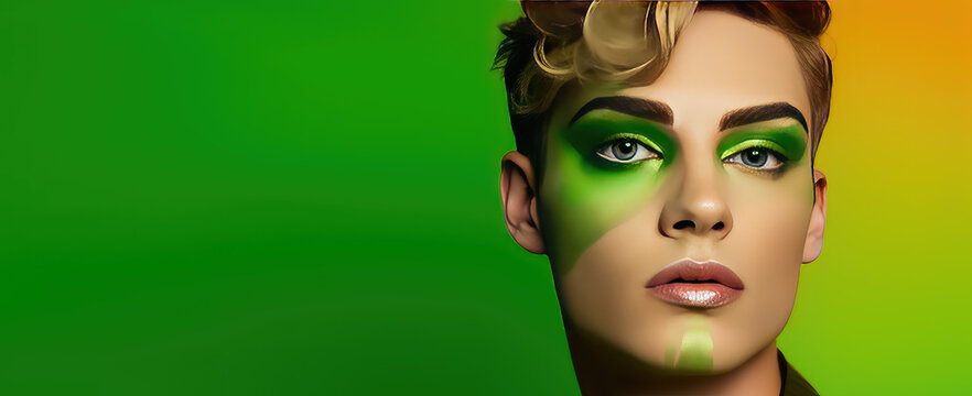 Portrait of a young man with creative makeup on flat green background with copy space. Male makeup, transgender, LGBT, freedom and creativity.  - Powered by Adobe