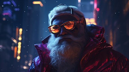 Stylish Santa Claus in eyeglasses standing on background of night city. AI Generative