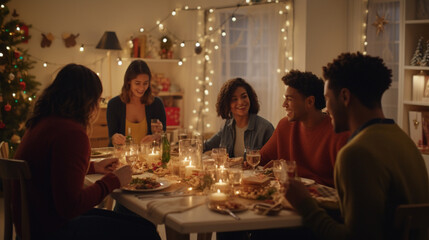 Family gathering at festive table and celebrating Christmas together at home. AI Generative - obrazy, fototapety, plakaty