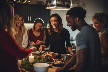 Family laughing and enjoying of preparing Christmas dinner together. AI Generative