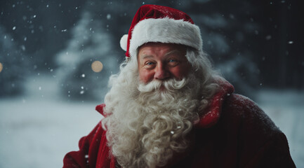Portrait of senior Santa Claus on snowy Xmas night background. Merry Christmas. Generative Ai