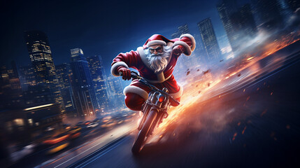 Crazy Santa Claus is fast driving motorcycle on background of modern night city. AI Generative