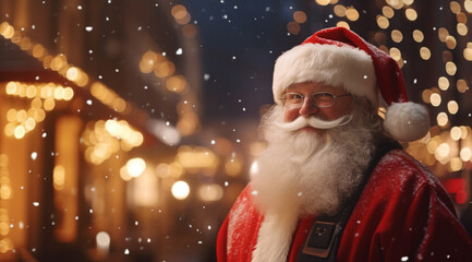 Portrait of smiling Santa Claus on snowy Xmas night background. Generative Ai