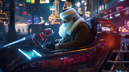 Fototapeta na wymiar Senior Santa Claus in modern sleighs is driving on background of night city. AI Generative