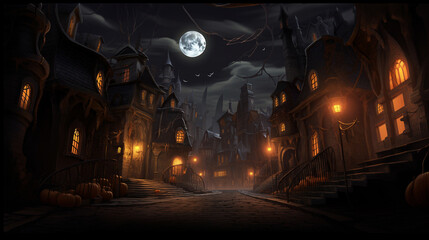 Obraz premium Halloween night with pumpkins decorations outside of spooky houses. AI Generative