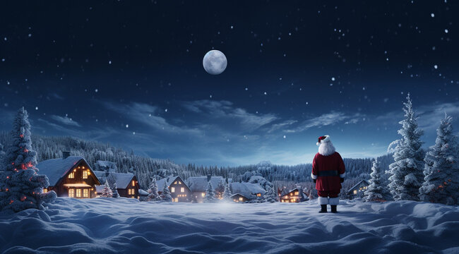 Back view of Santa Claus standing on Christmas moonlit night and looking on city. AI Generative