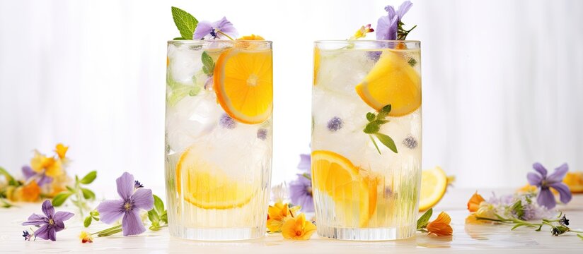 Frosty beverage with citrus cucumber and edible flowers in two cups With copyspace for text