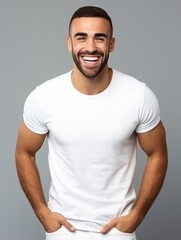 Happy european man in casual clothing against a neutral background