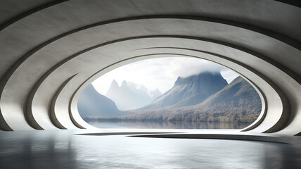 Empty concrete room with large curve structure, for presentation of business product or car, architecture inspiration