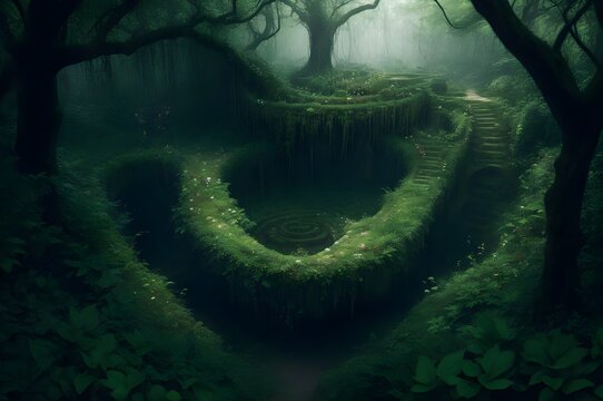 A lush, overgrown labyrinth within the heart of a dense forest