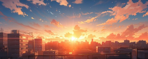 Beautiful anime-style illustration of a city skyline at golden hour - obrazy, fototapety, plakaty