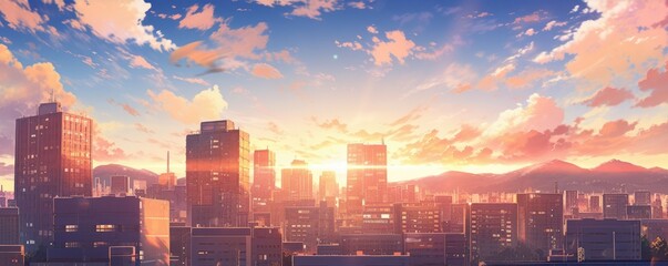 Beautiful anime-style illustration of a city skyline at golden hour - obrazy, fototapety, plakaty