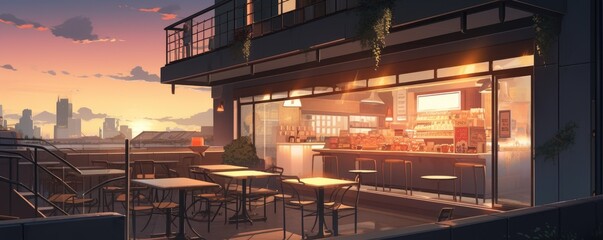 Beautiful anime-style illustration of a cafe at golden hour - obrazy, fototapety, plakaty