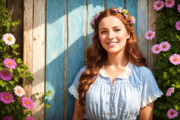 Fototapeta premium portrait of a beautiful girl posing near her old house, standing outside near the door with flowers and smiling