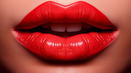 Obraz premium Lipstick on lips of model, close up of face, concept of marketing and promotion of beauty and cosmetic products