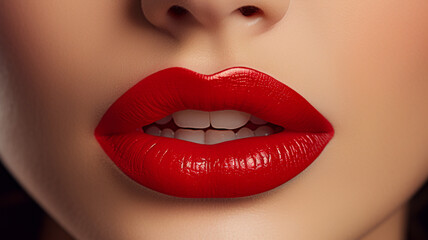 Lipstick on lips of model, close up of face, concept of marketing and promotion of beauty and cosmetic products