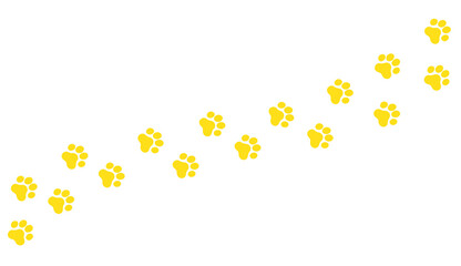 Isolated trail of yellow footprints (comics silhuoette shapes), a cat walking on a path, going from left to right.
