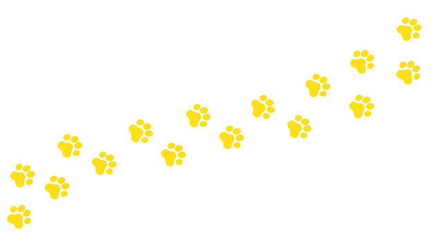 Isolated trail of yellow footprints (comics silhuoette shapes), a cat walking on a path, going from left to right.
