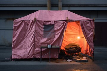 a temporary shelter on an urban road. Generative AI - obrazy, fototapety, plakaty