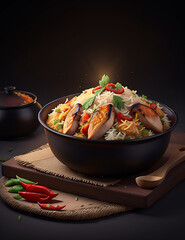 Gourmet chicken biryani with steamed basmati rice generated, 8k