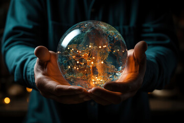 A person holding a world globe, symbolizing the interconnectedness of all living beings on Earth. Concept of global unity. Generative Ai.
