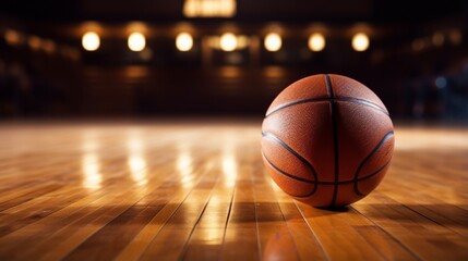 A pristine basketball, sitting in the center of a polished wooden floor, ready for a game
