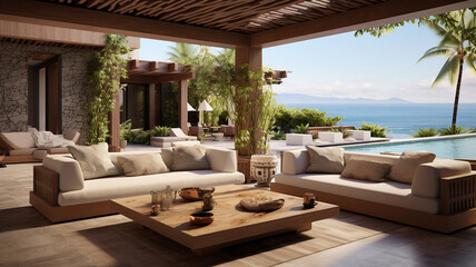 Fototapeta premium Luxury patio lounge area to chill and relax with couches outside of luxury villa