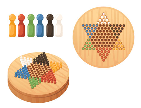 Chinese checkers with round wooden board vector illustration isolated on white background