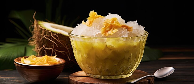Indonesia s traditional iced dessert cendol nangka includes rice flour palm sugar coconut milk durian fruit and pandanus leaf It is served in a glass and is popular during Ramadan fasting W