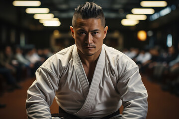 Fototapeta premium A martial arts instructor instilling the values of respect, courtesy, and humility in students, transcending the physical aspects of martial arts. Concept of martial arts philosophy. Generative Ai.